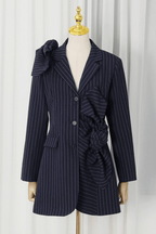 Aura Navy Pinstripe Bow Decor Blazer Avalabel