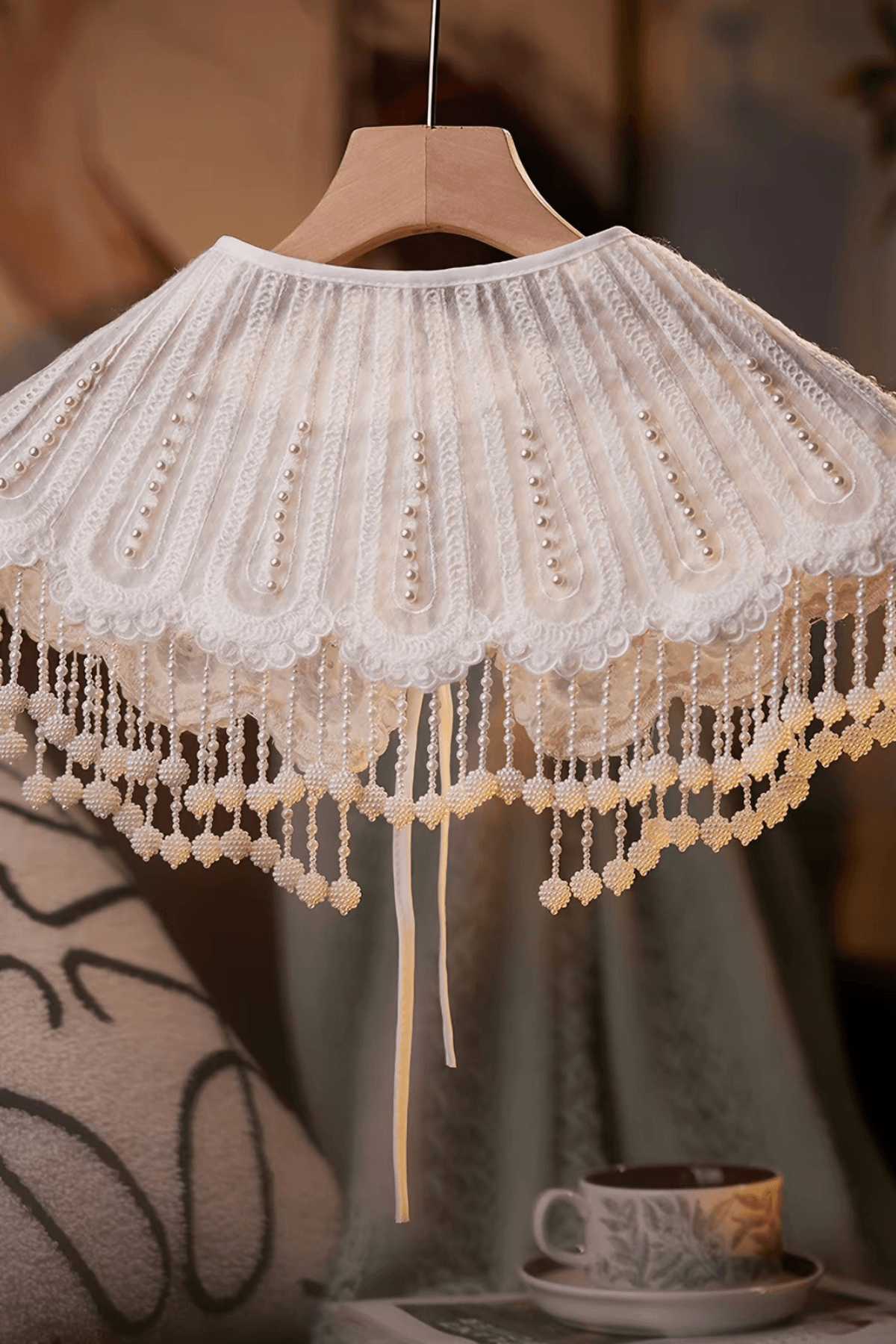 White Lace Pearl Tassel Cape Shawl Avalabel