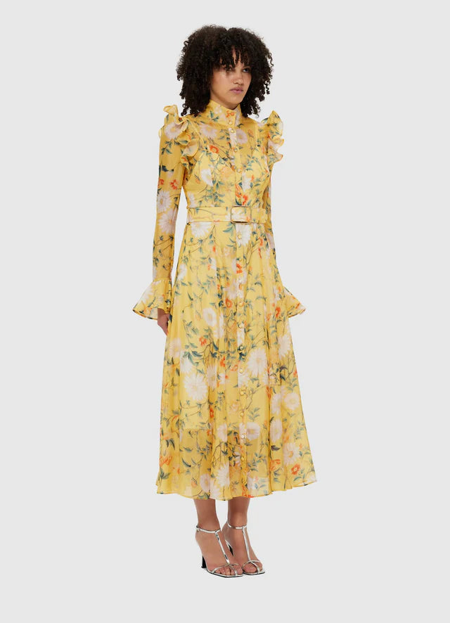 Daisy Print Butterfly Sleeve Midi Dress in yellow poava