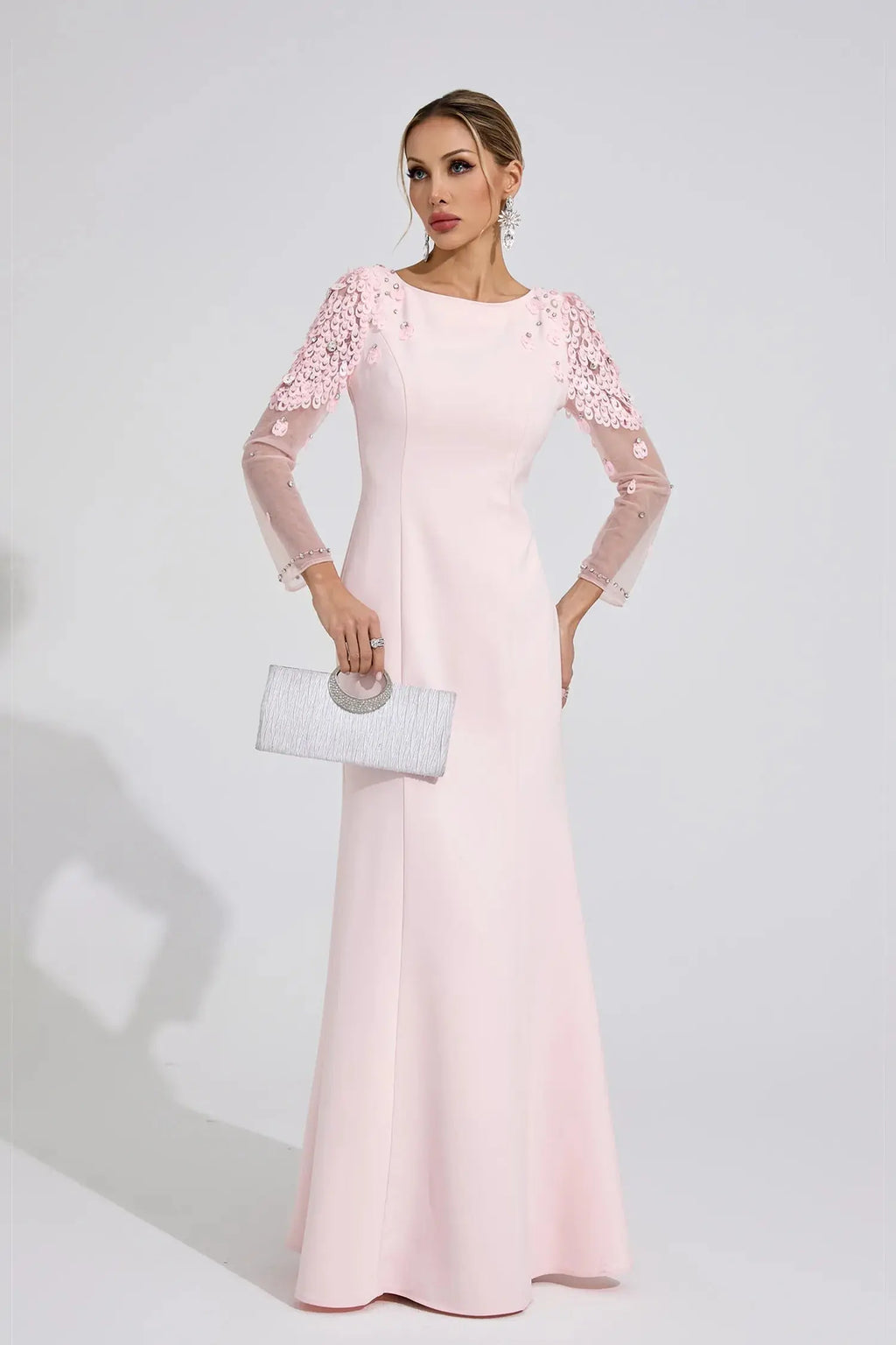 Victoria Pink Sequin Mesh Sleeve Maxi Dress Avalabel