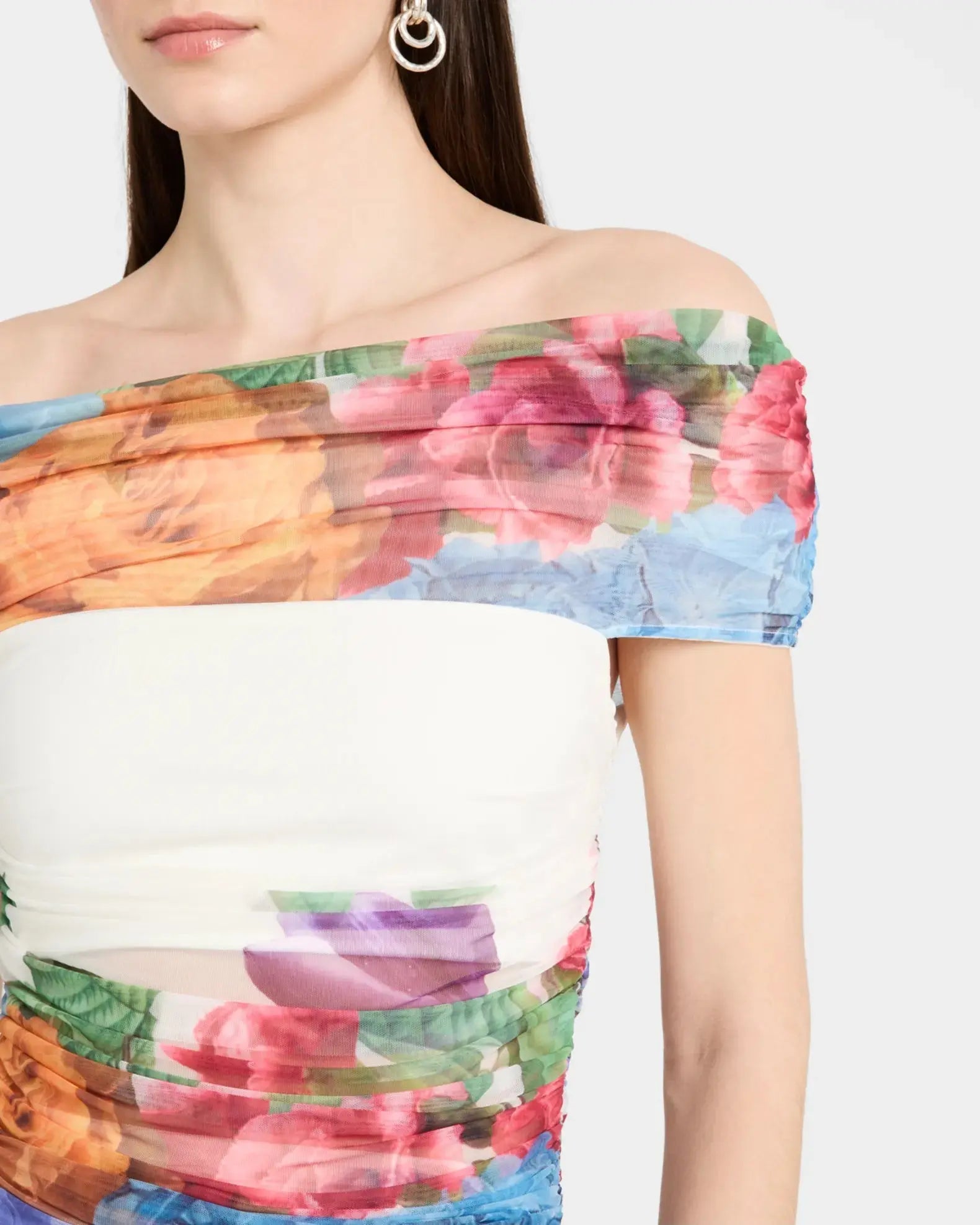 shirley white Off-Shoulder floral print Ruched Top skirt set Avalabel