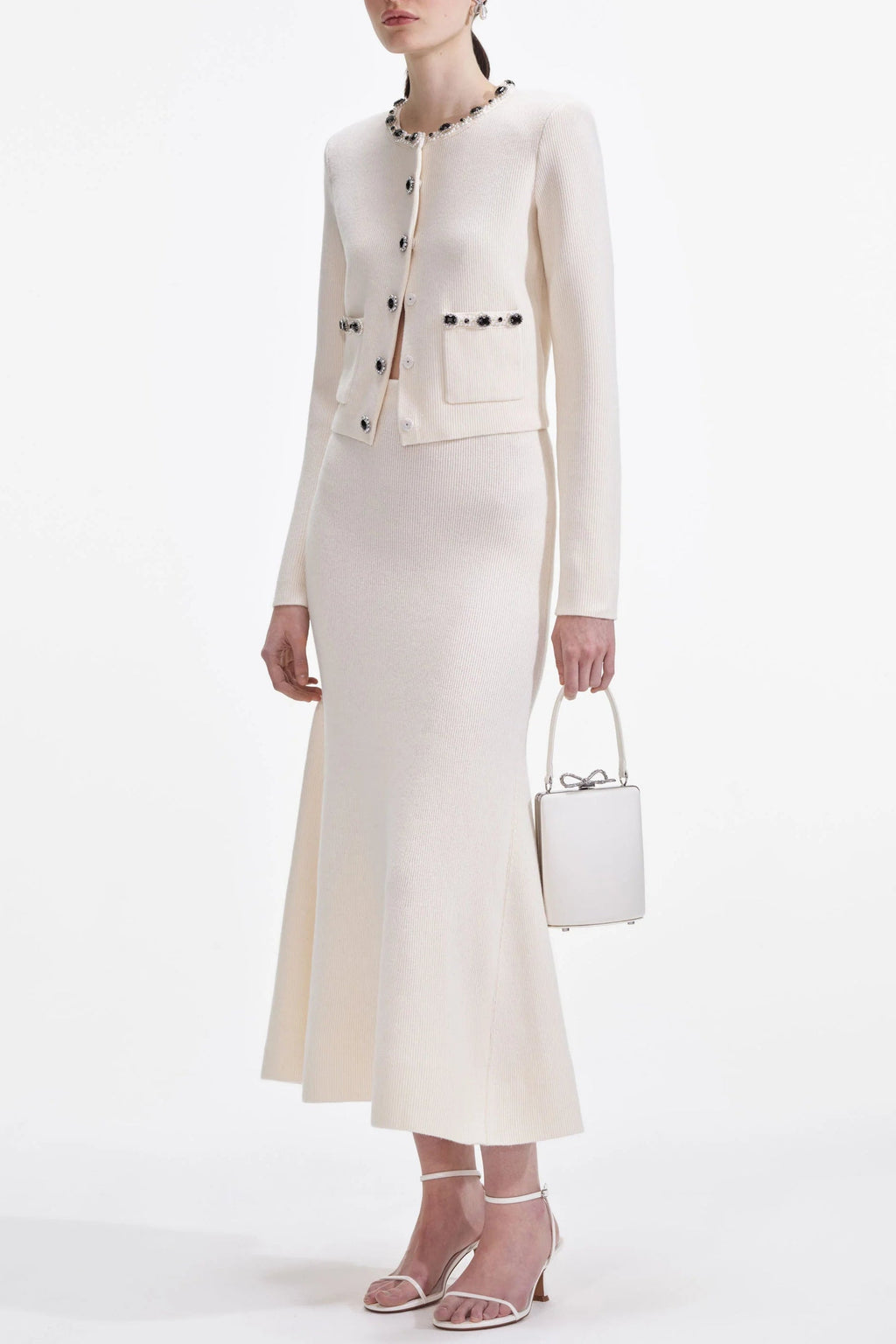 virginia Cream Embellished Cardigan skirt set Avalabel