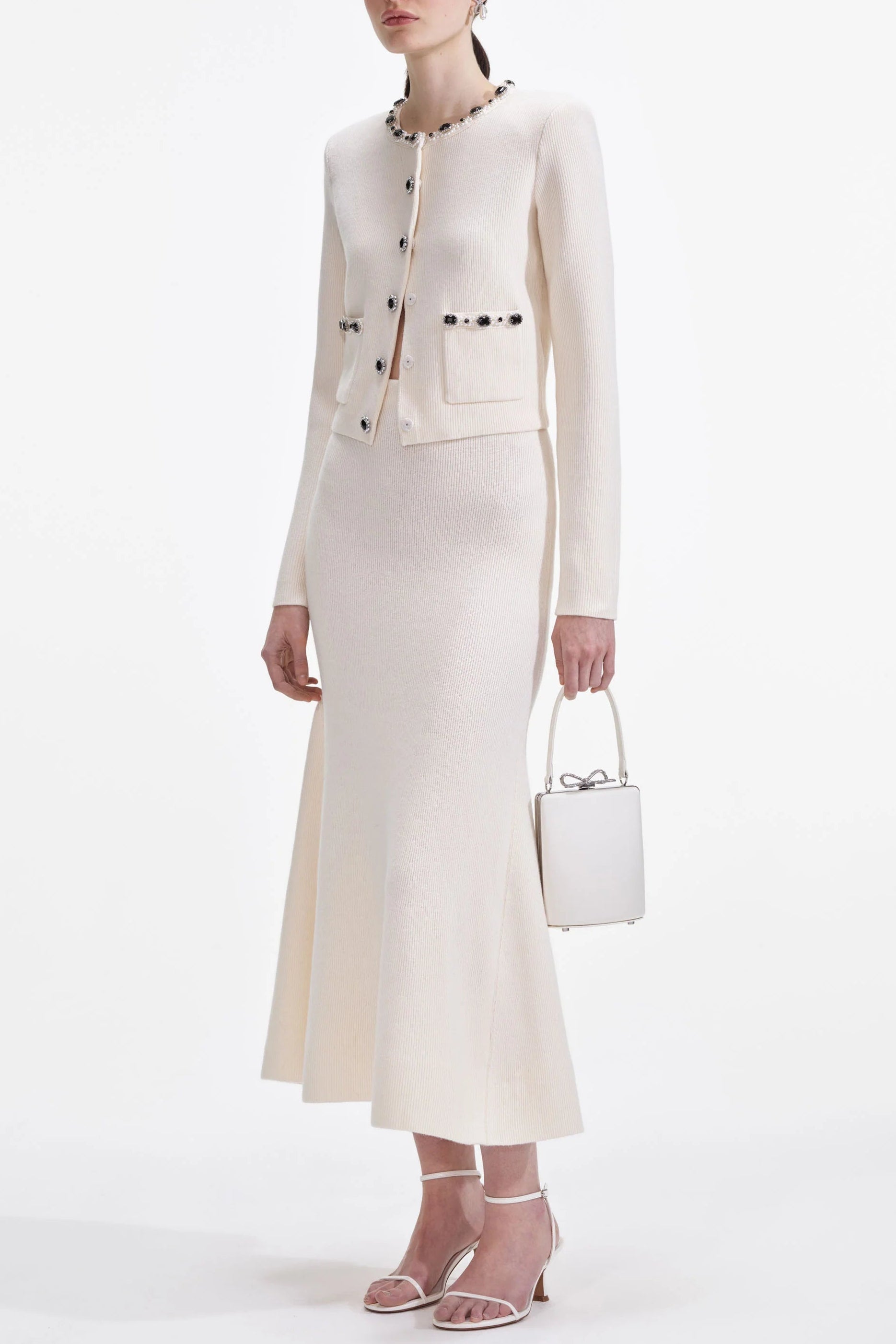 virginia Cream Embellished Cardigan skirt set Avalabel