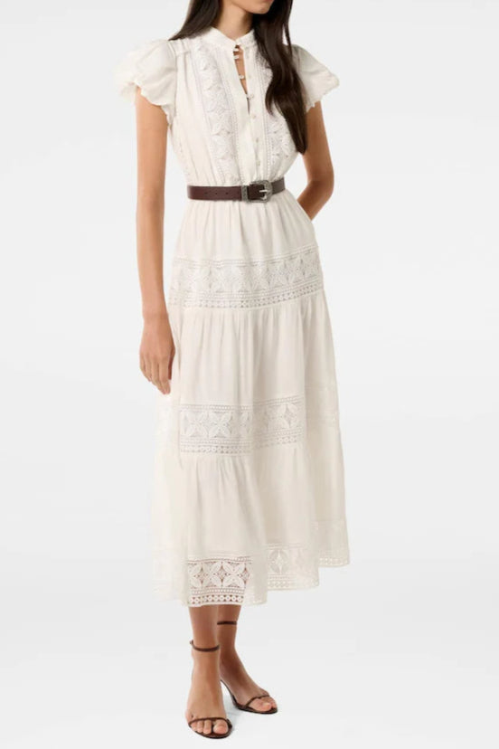 White Adelaide Lace Belted Trim Midi Dress Avalabel