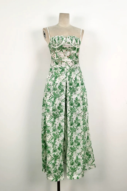Margaux Green Floral Embroidered Halter Dress