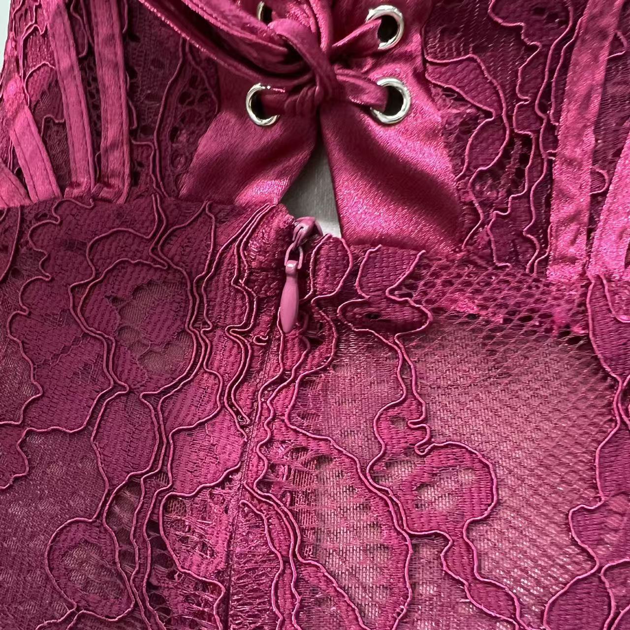 Burgundy Lace Overlay Bustier Mini Dress Avalabel