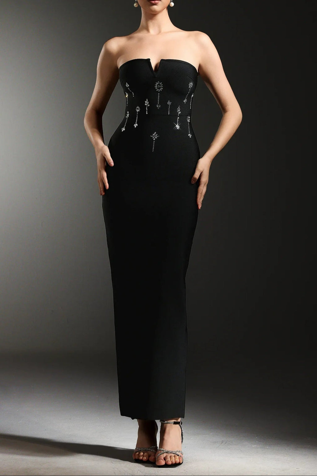 Gina Black Strapless Diamond V-Neck Bandage Maxi Dress Avalabel