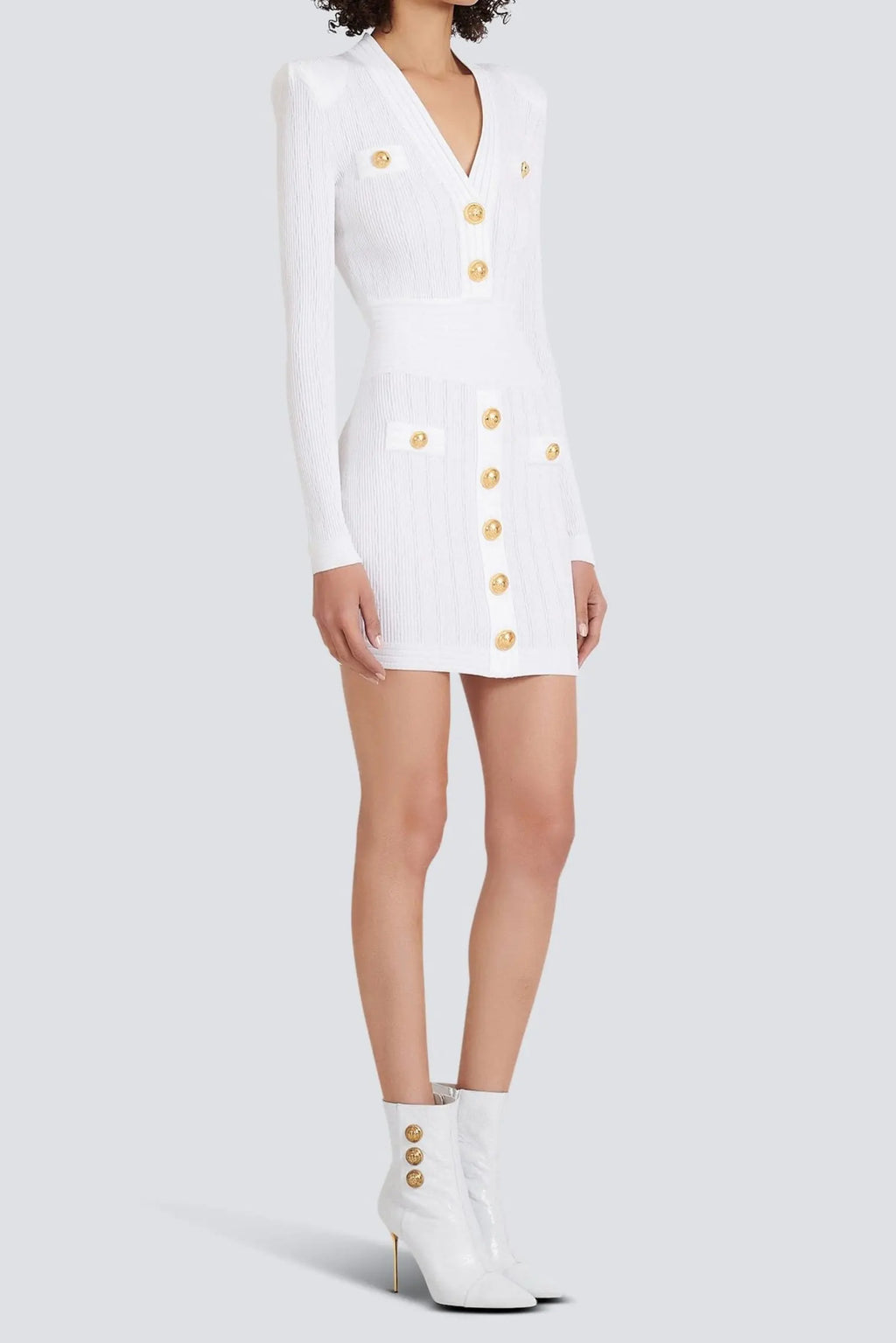 vicky v-neck button-detail ribbed mini dress in white Avalabel