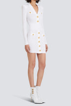 vicky v-neck button-detail ribbed mini dress in white Avalabel