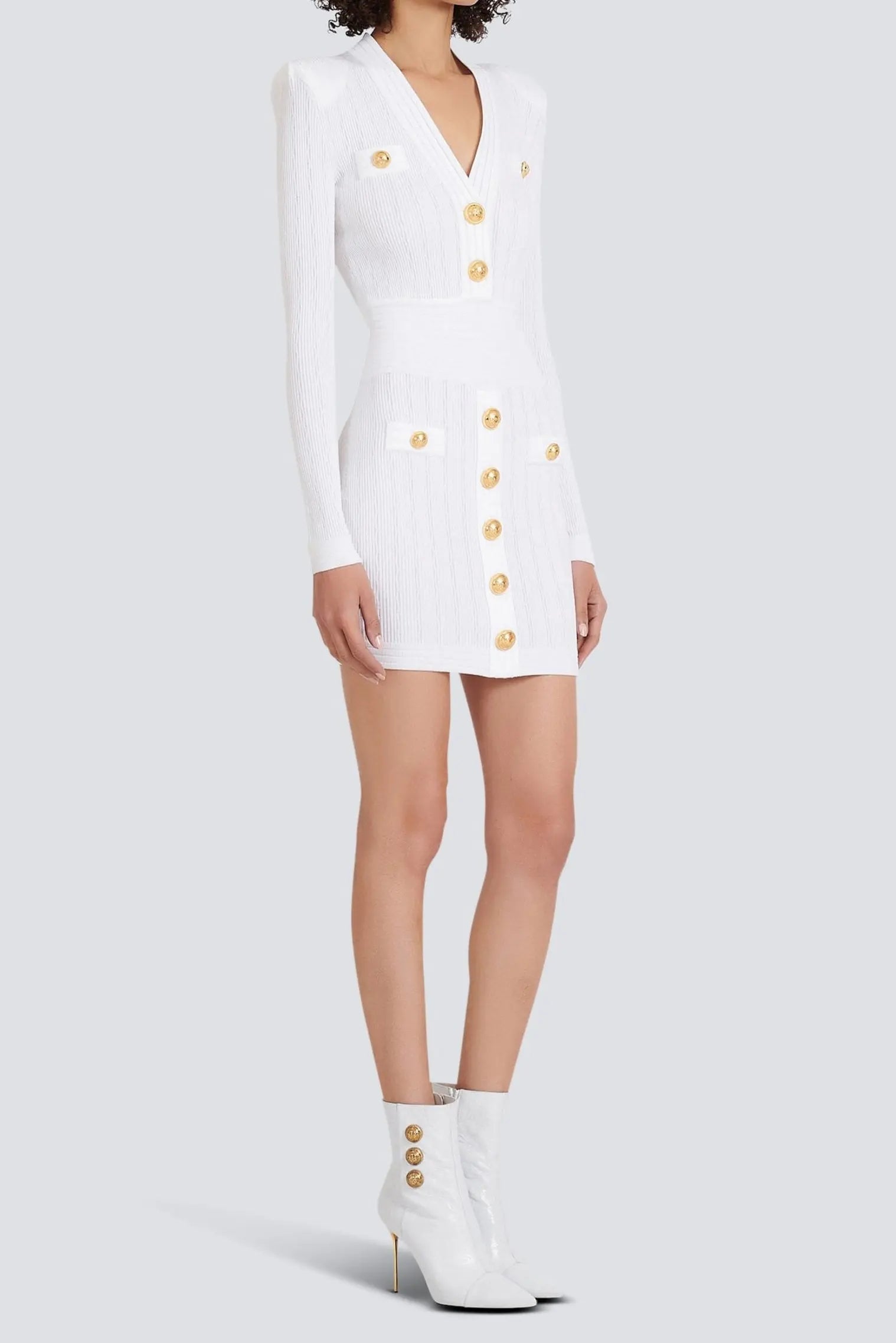 vicky v-neck button-detail ribbed mini dress in white Avalabel