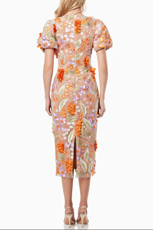 Mesh Embroidered 3D Flower V-neck Puff Sleeves Midi Dress in Orange Avalabel