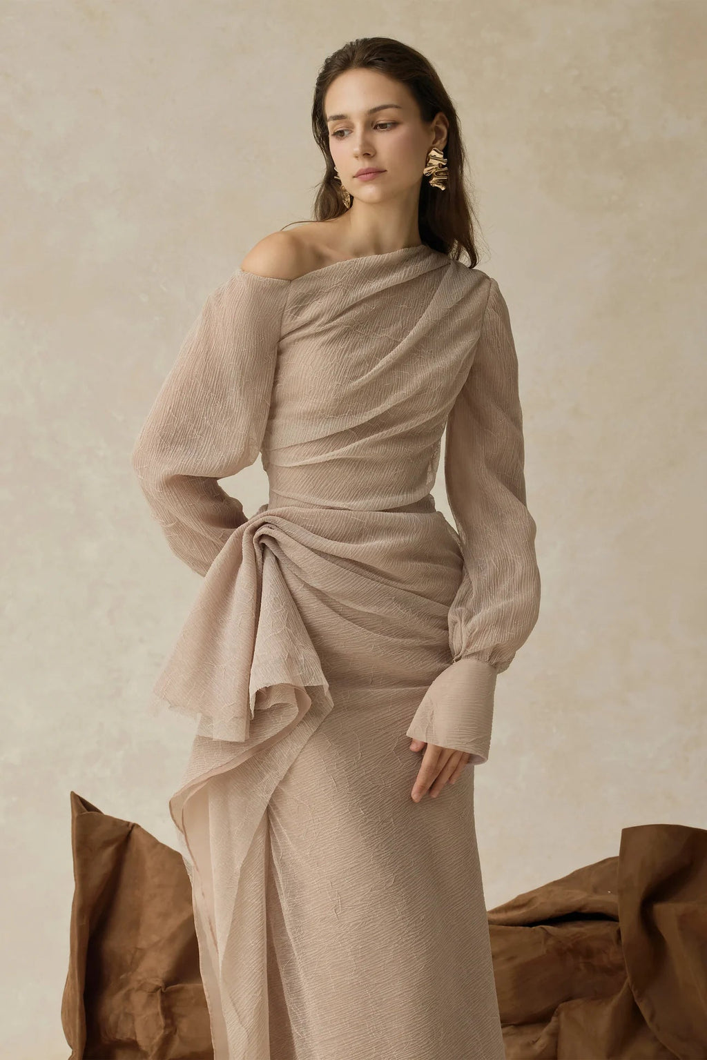 brianna Asymmetric Long Sleeve pleated maxi Dress in beige Avalabel