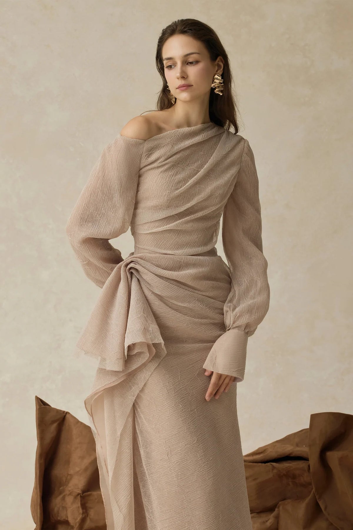 brianna Asymmetric Long Sleeve pleated maxi Dress in beige Avalabel