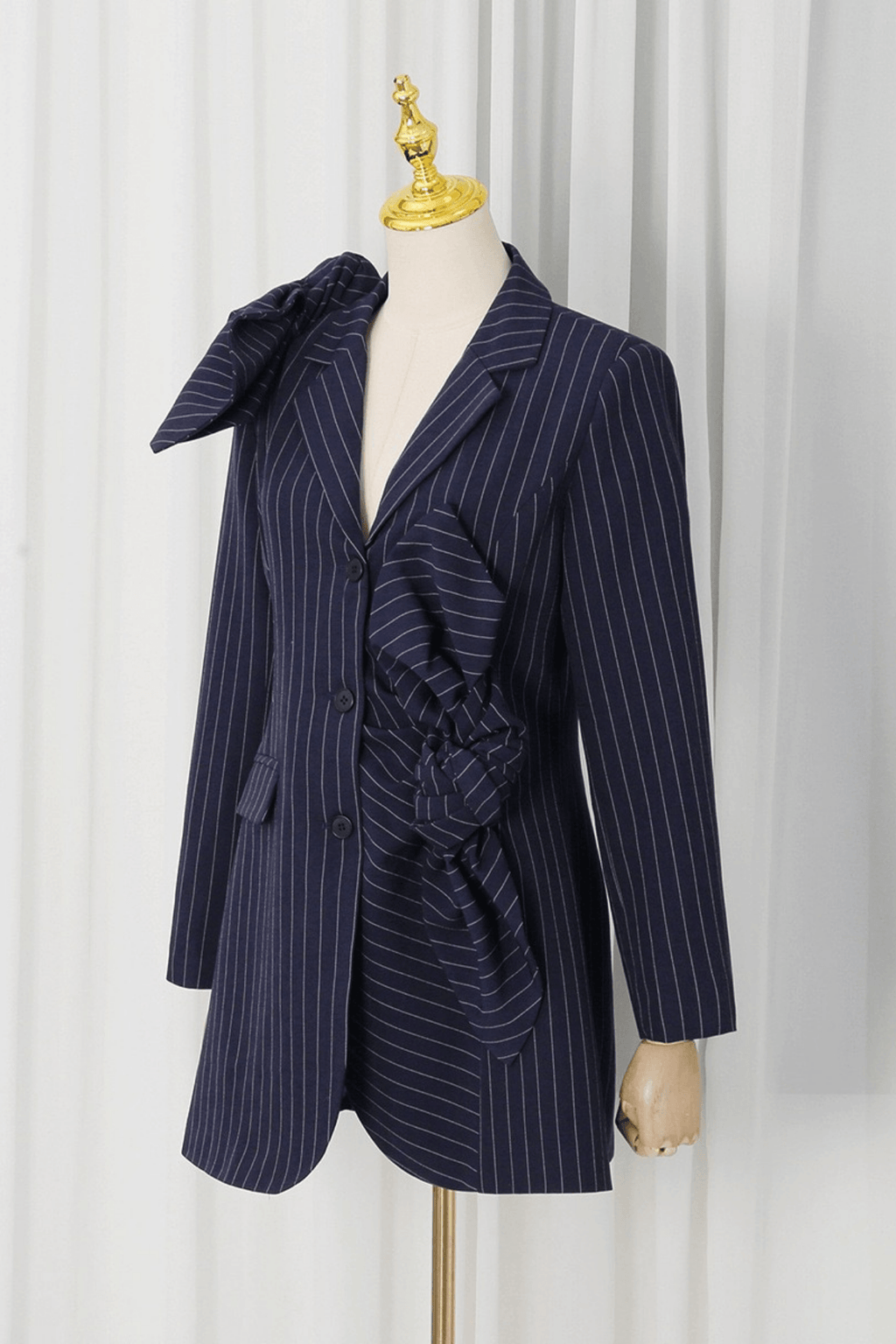 Aura Navy Pinstripe Bow Decor Blazer Avalabel