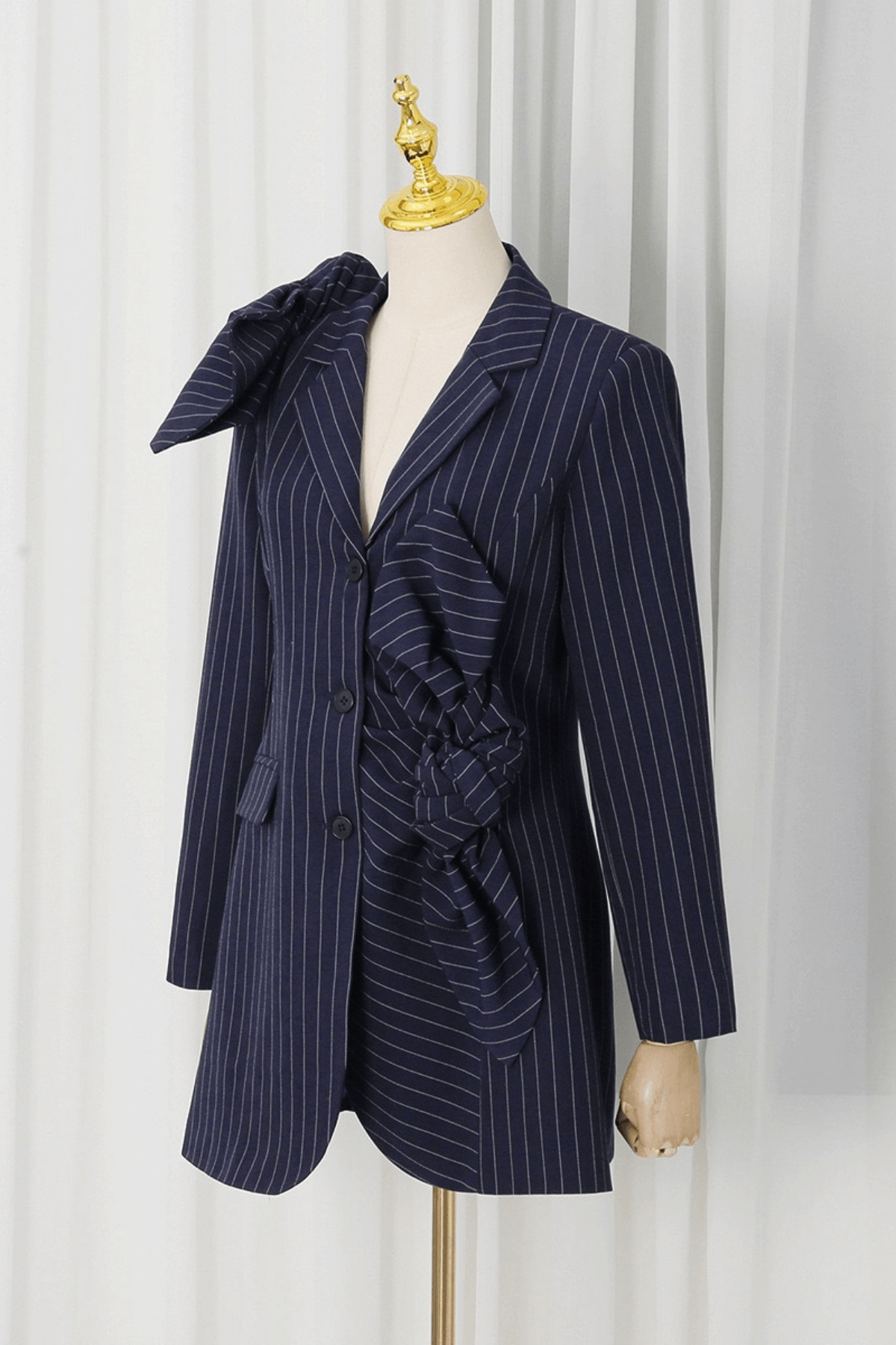 Aura Navy Pinstripe Bow Decor Blazer Avalabel