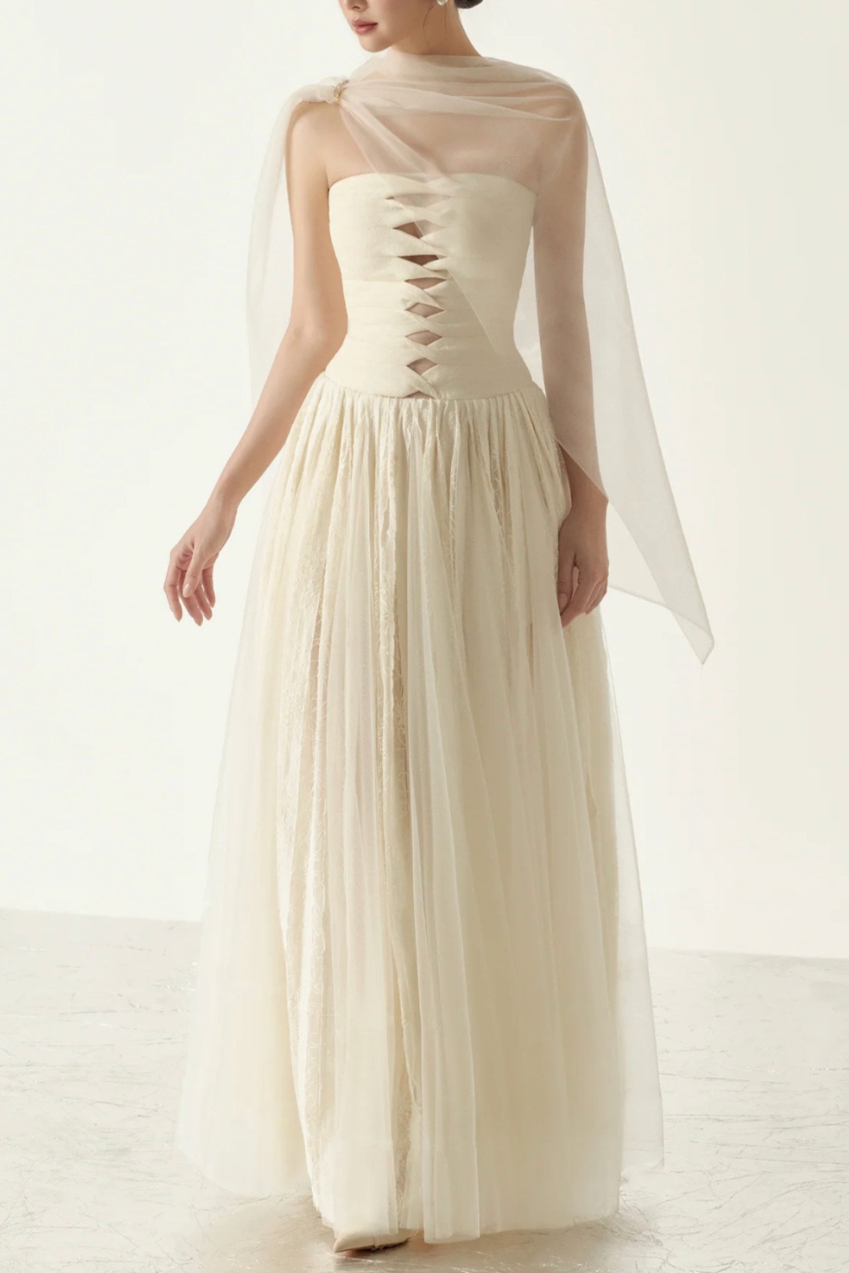 Ella Strapless Cut‑Out Sheer Sash Tulle Maxi Dress - Avalabel
