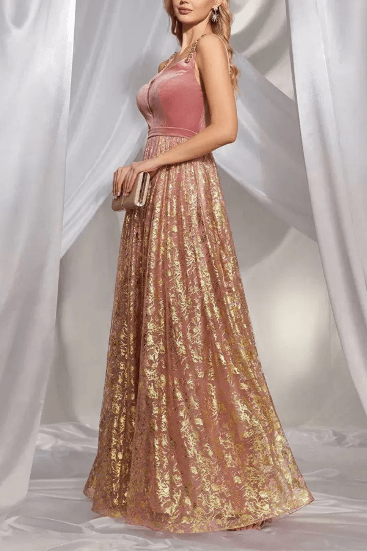 Avery Pink Gold Floral Jacquard Bustier A Line Maxi Dress Avalabel