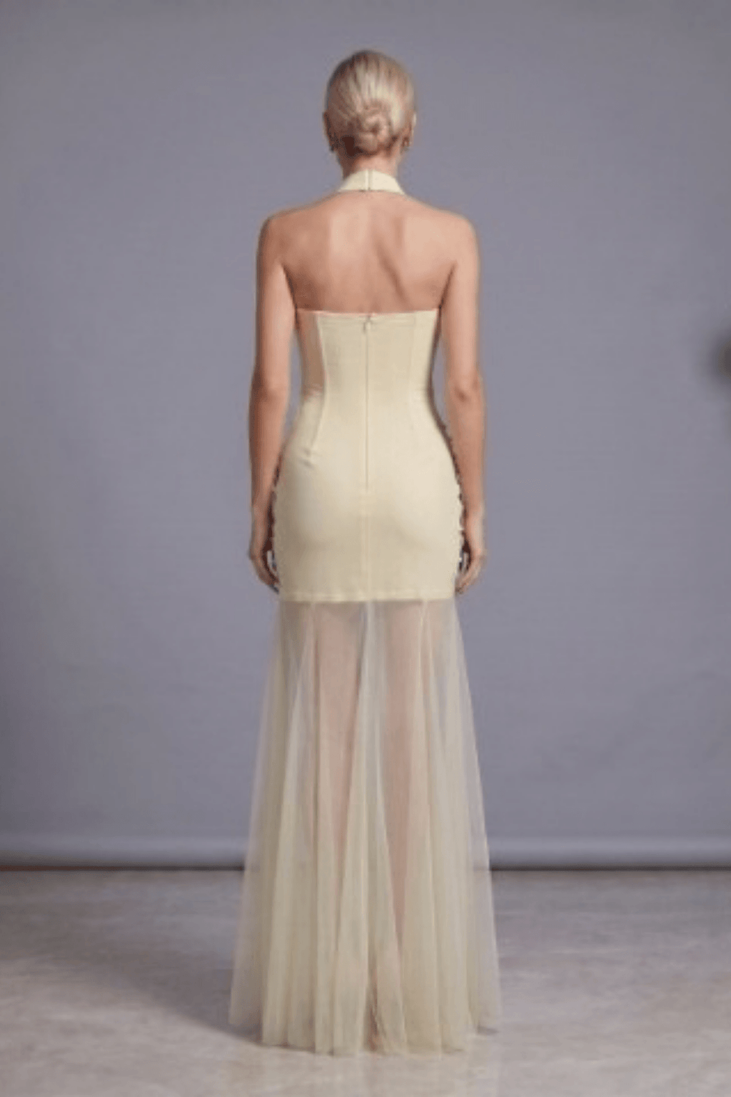 Fiona Halter Fringe Beaded Mesh Maxi Dress Avalabel