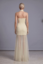 Fiona Halter Fringe Beaded Mesh Maxi Dress Avalabel