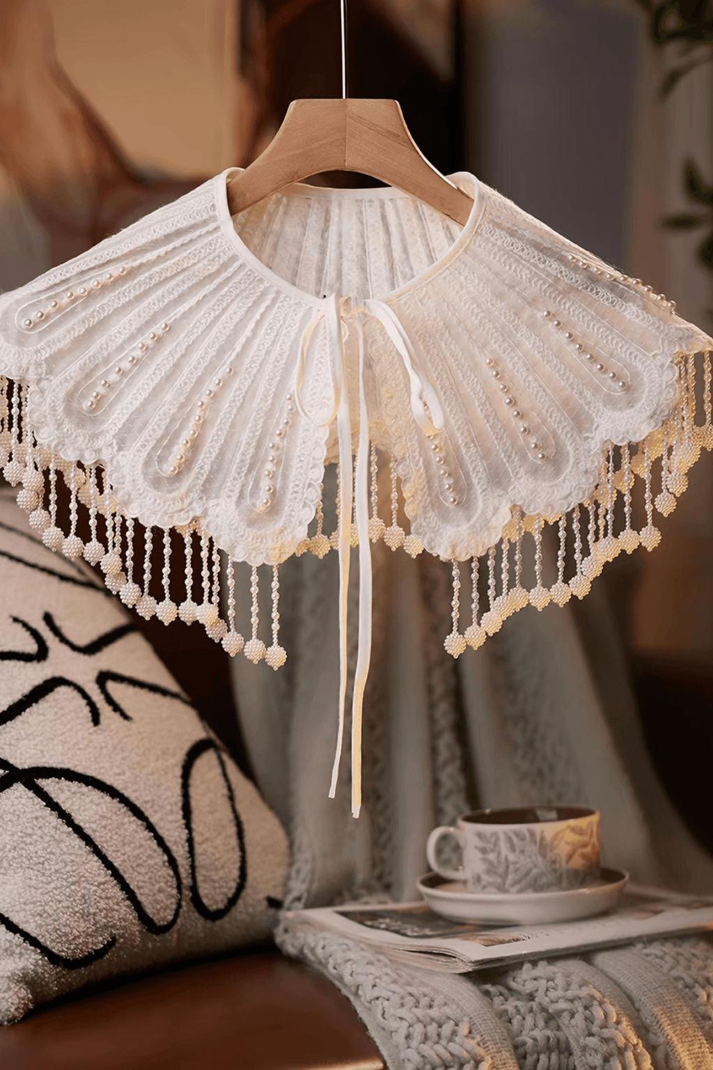 White Lace Pearl Tassel Cape Shawl Avalabel