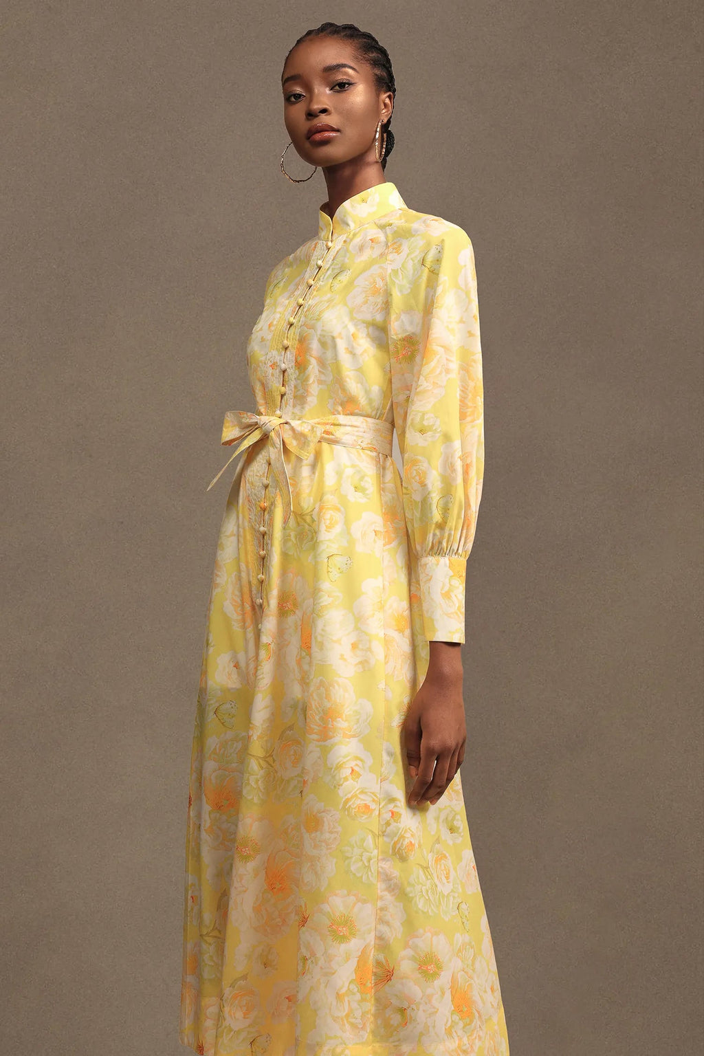 xaviera Long Sleeve Floral Printed Chiffon Maxi Dress in yellow Avalabel