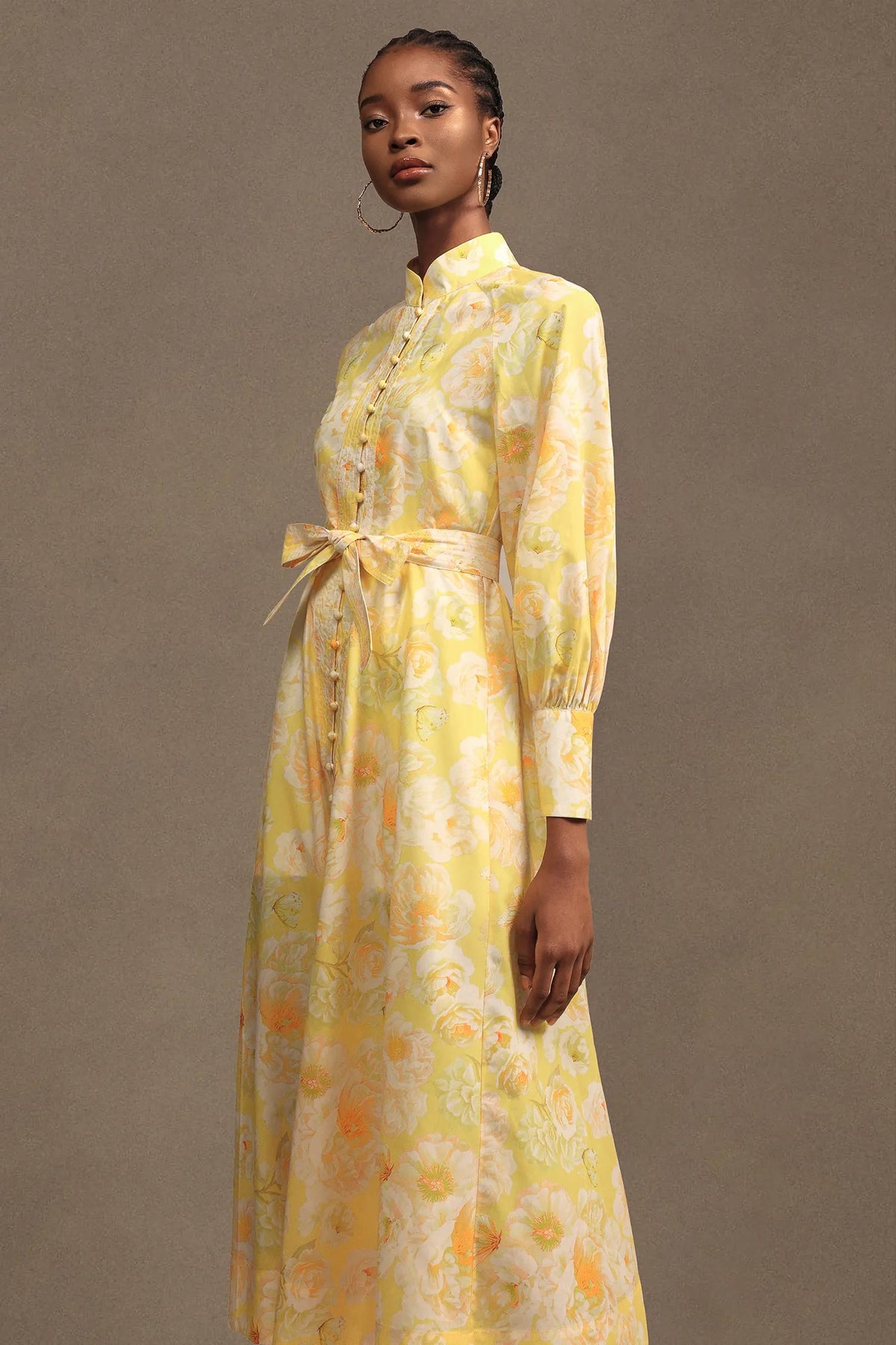 xaviera Long Sleeve Floral Printed Chiffon Maxi Dress in yellow Avalabel