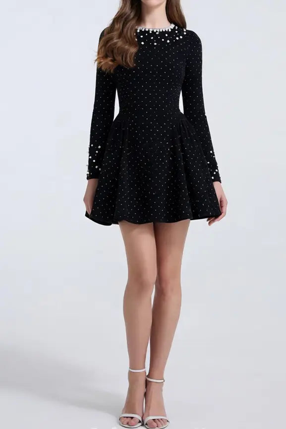 sheila black Beaded rhinestone-embellished flared mini dress Avalabel
