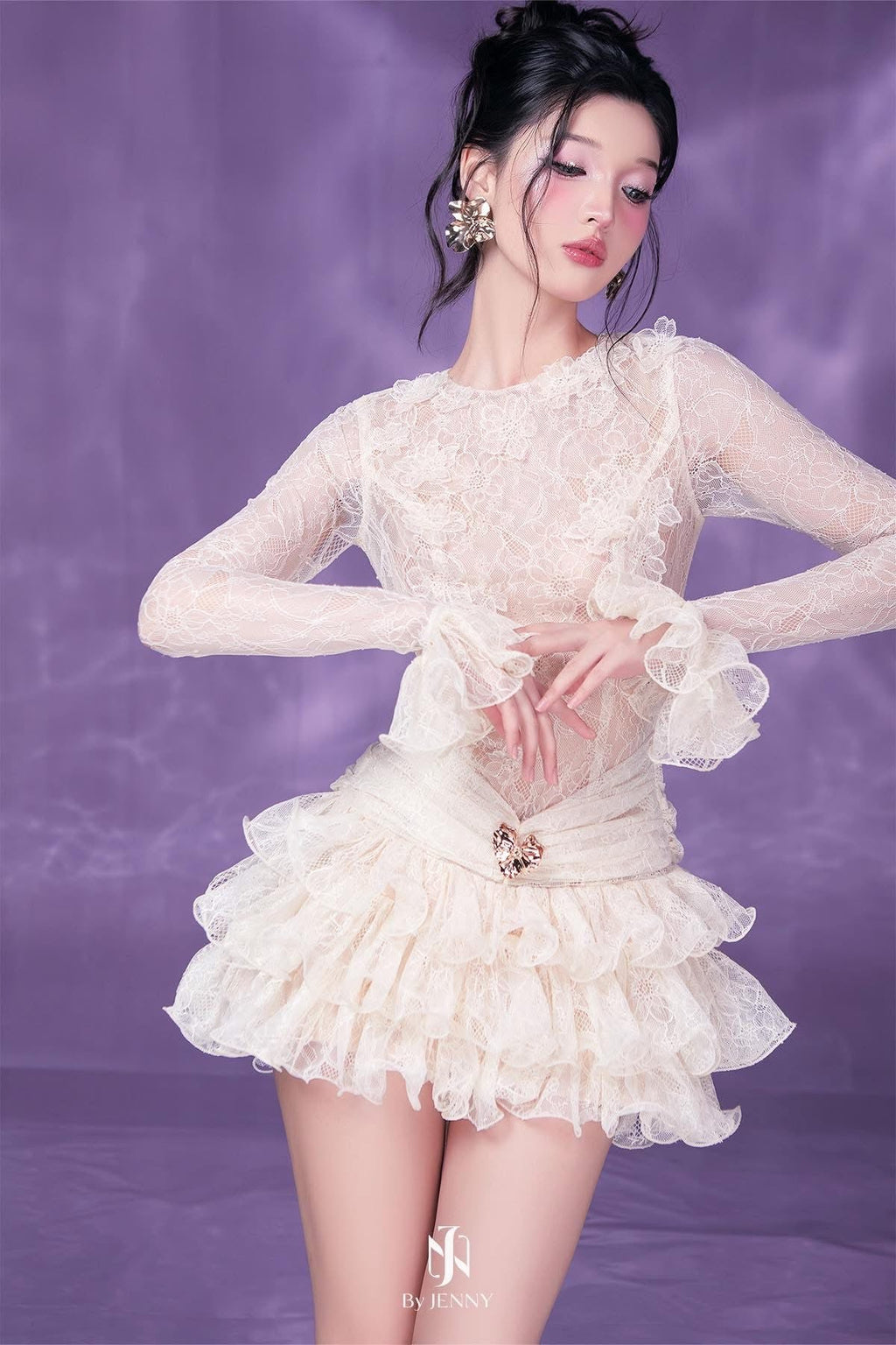 Eudora Lace Embroidery Ruched Trim Mini Dress in White Avalabel
