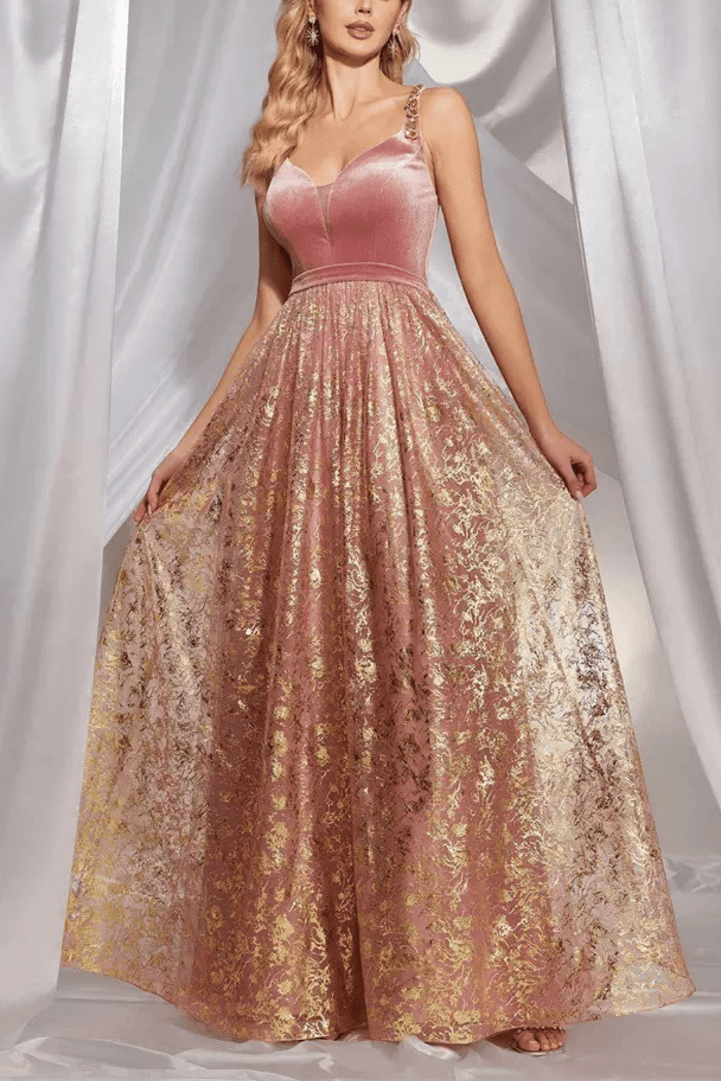 Avery Pink Gold Floral Jacquard Bustier A Line Maxi Dress Avalabel