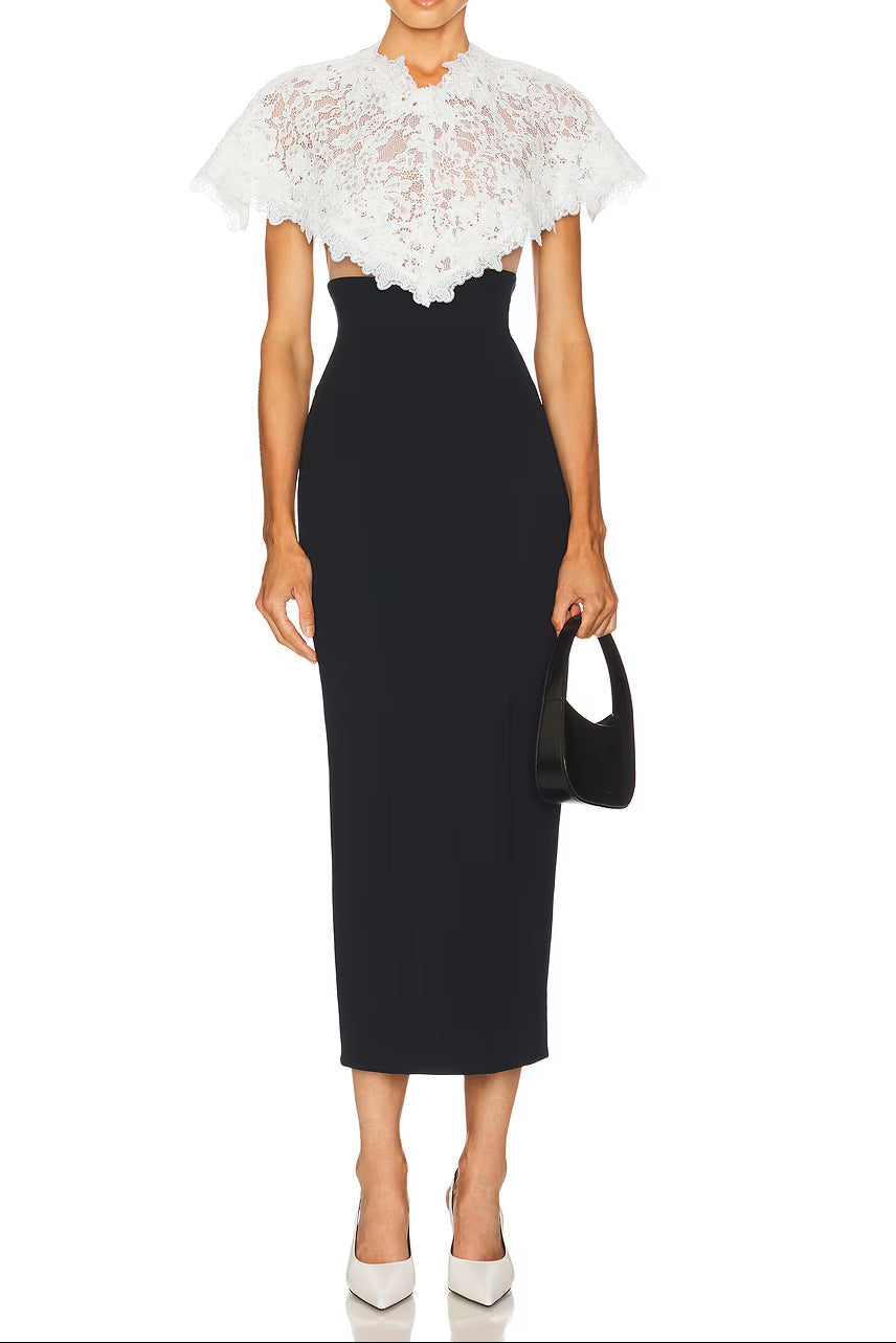alice lace patchwork shawl bodycon midi dress in black Avalabel