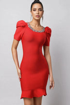 oanna Red Short Sleeve Rhinestone Bandage Mini Dress Avalabel
