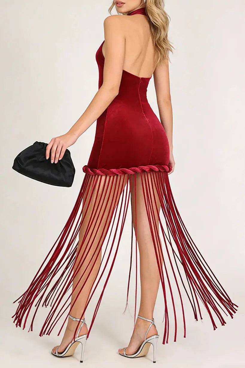 michaelia halterneck Fringe Velvet Dress in Burgundy Avalabel