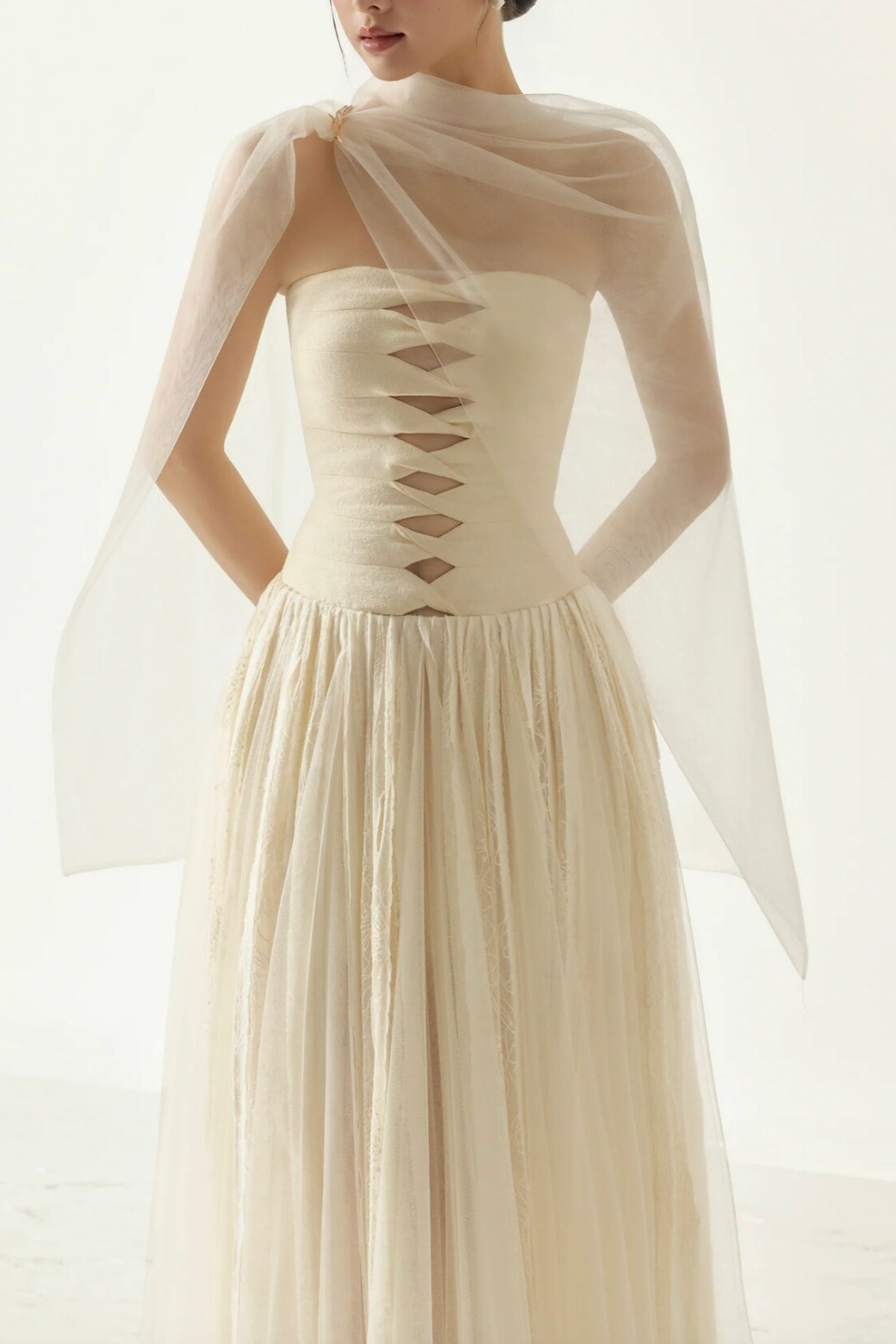 Ella Strapless Cut‑Out Sheer Sash Tulle Maxi Dress - Avalabel