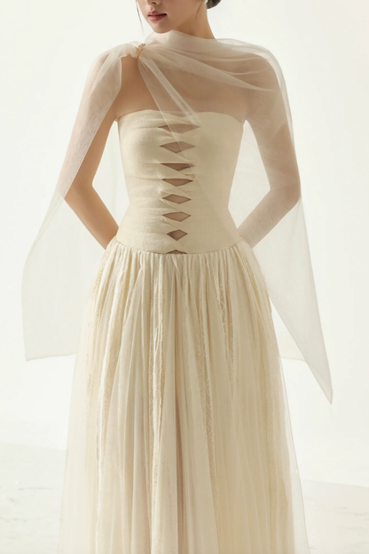 Ella Strapless Cut‑Out Sheer Sash Tulle Maxi Dress
