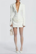 amelia v-neck ruched Blazer Mini Dress in white Avalabel