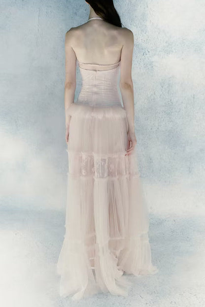 Hermosa Lace Splicing Layer Maxi Dress in Pink