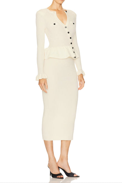 Caroline Asymmetric Knit Midi Dress in Beige