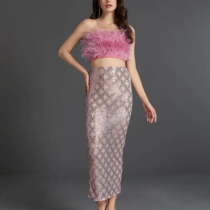 audrey pink feather top sequin Midi Skirt set Avalabel