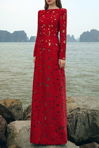 Rhinestone Boat Neck Floral Hollow Lasercut Maxi Dress - Red Avalabel