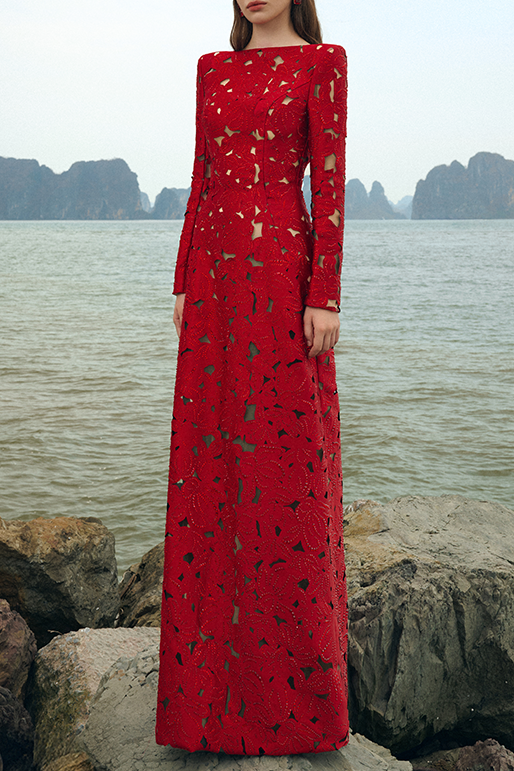 Rhinestone Boat Neck Floral Hollow Lasercut Maxi Dress - Red Avalabel
