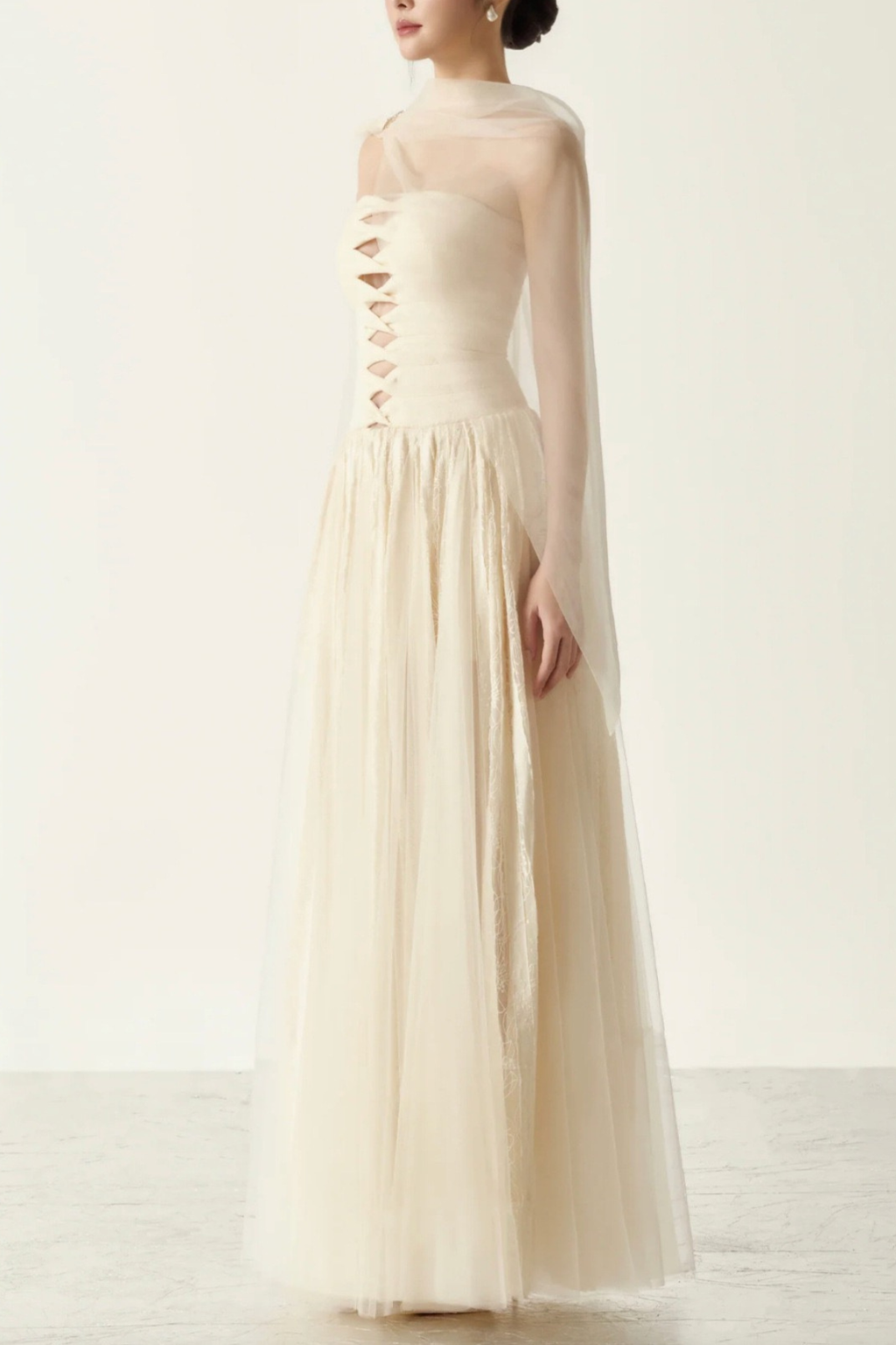 Ella Strapless Cut‑Out Sheer Sash Tulle Maxi Dress - Avalabel