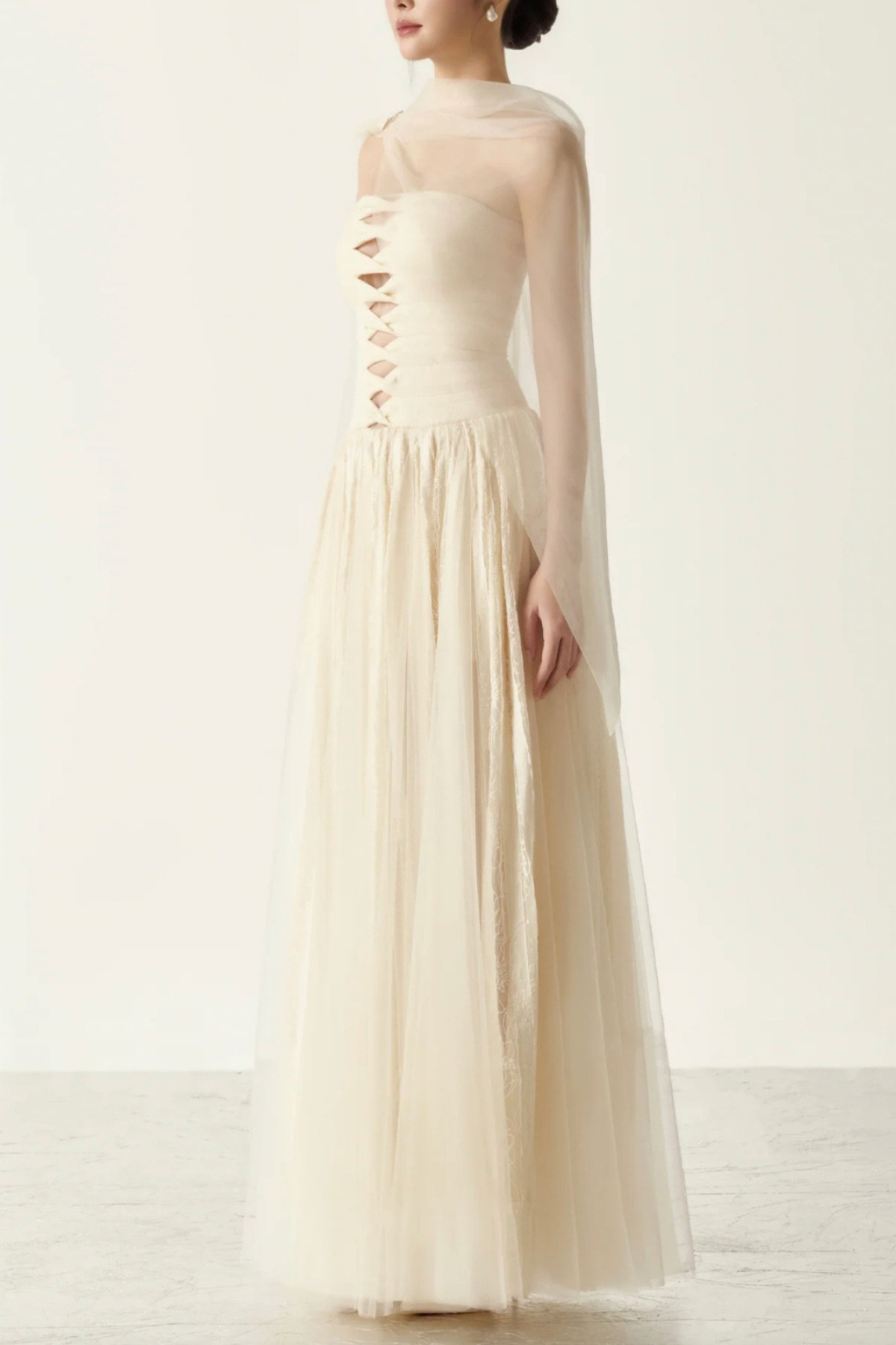 Ella Strapless Cut‑Out Sheer Sash Tulle Maxi Dress - Avalabel