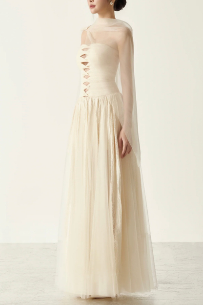 Ella Strapless Cut‑Out Sheer Sash Tulle Maxi Dress
