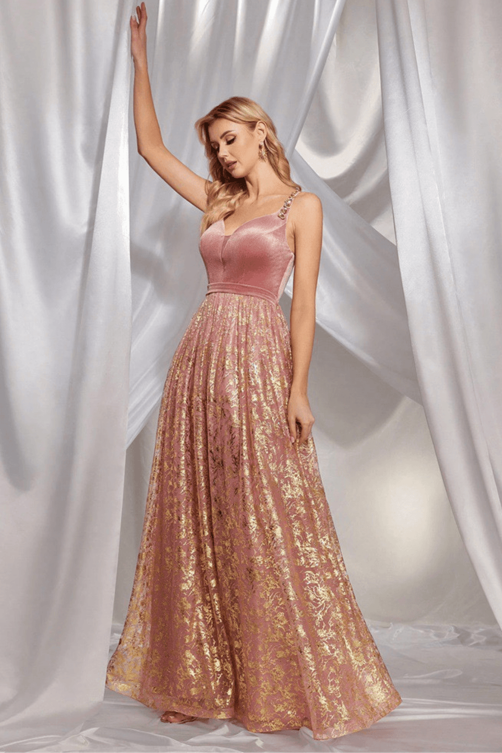 Avery Pink Gold Floral Jacquard Bustier A Line Maxi Dress Avalabel