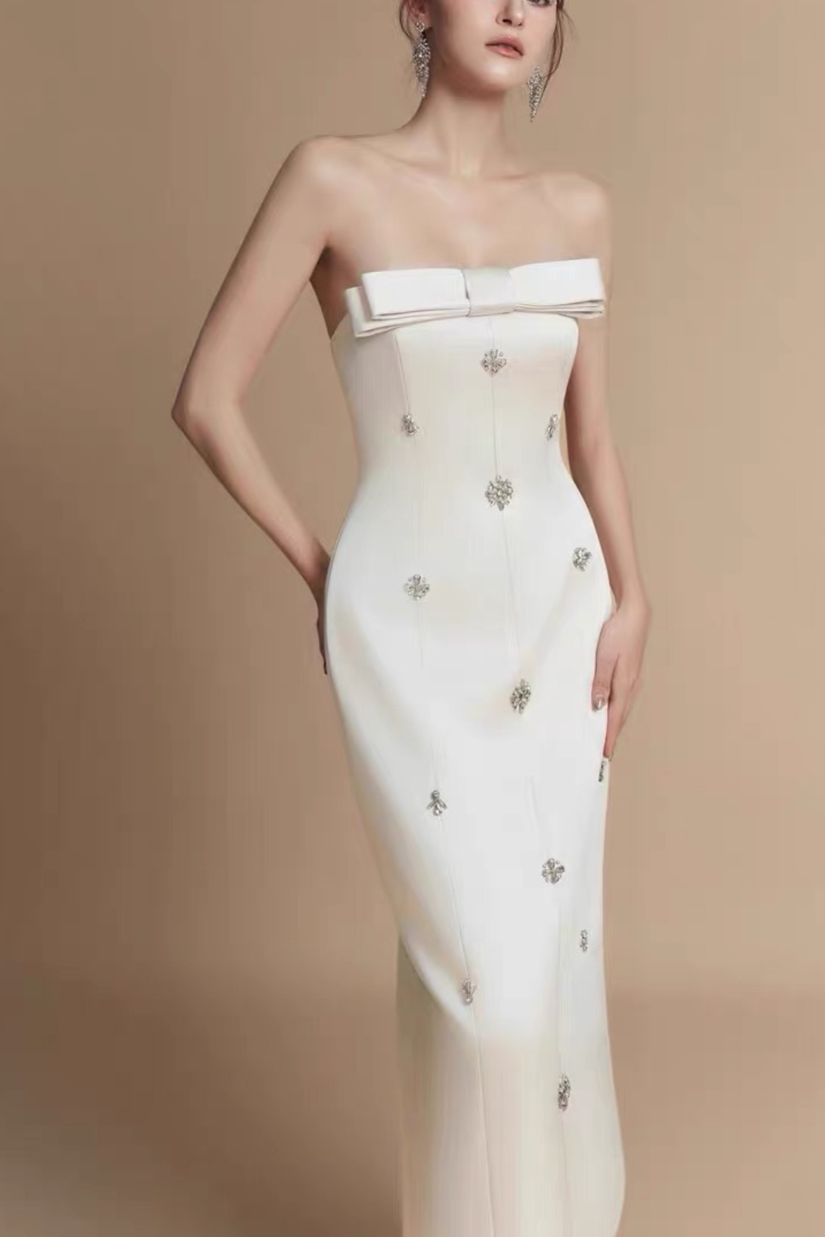 Lila Strapless Crystal Embellished Bow Bodycon Dress Avalabel