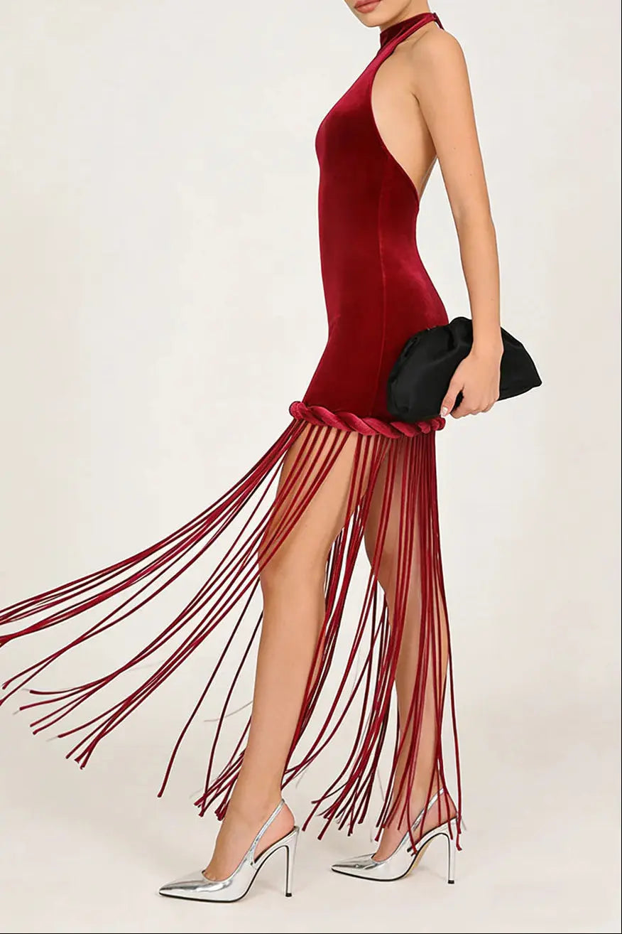 michaelia halterneck Fringe Velvet Dress in Burgundy Avalabel