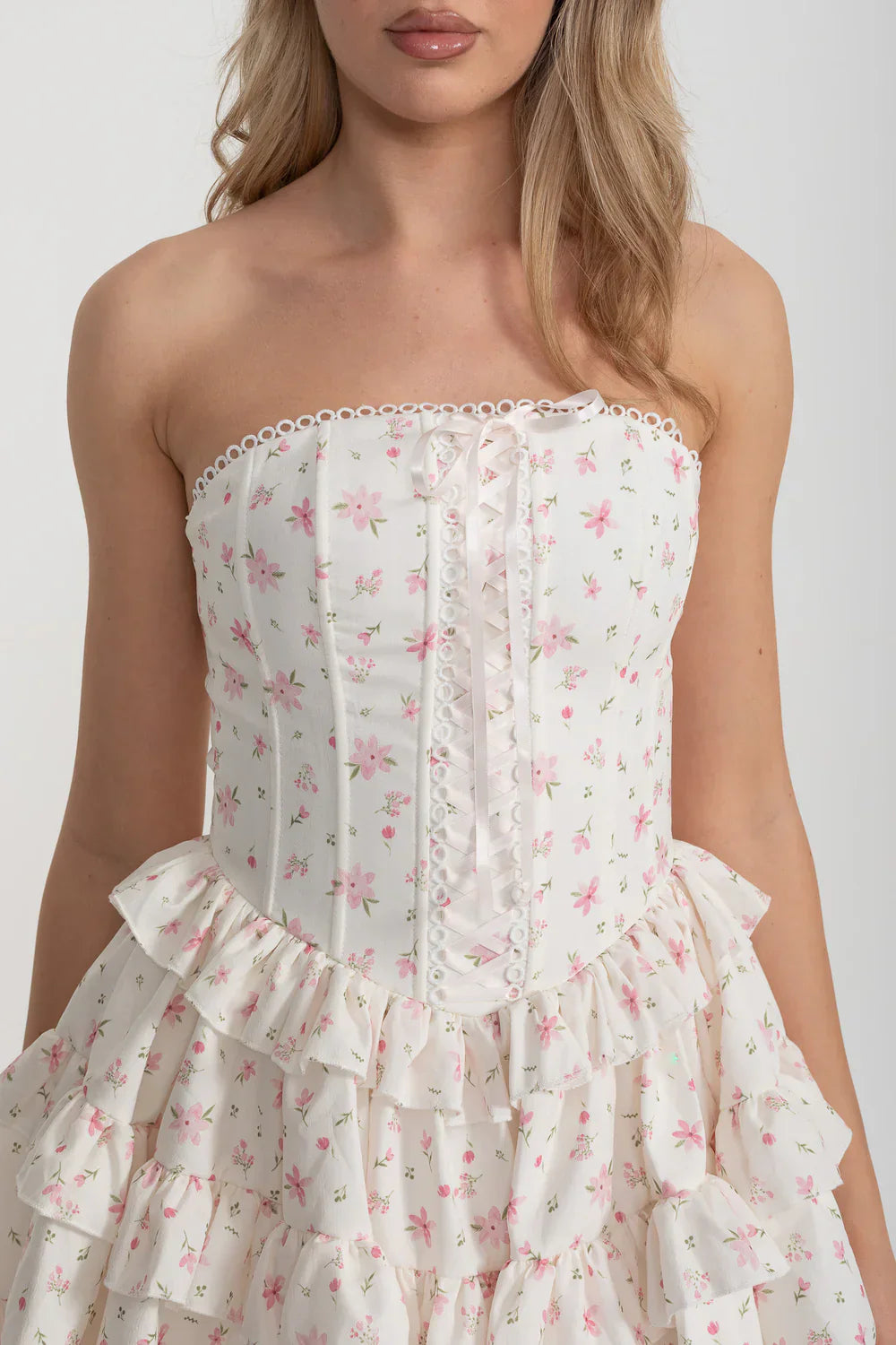 Martha Ruffle Printed Strapless Mini Dress in Pink Avalabel