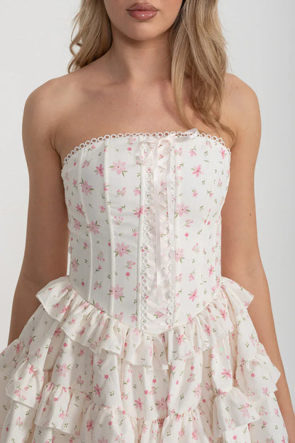 Martha Ruffle Printed Strapless Mini Dress in Pink