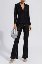 vicky Black Cutout floral embroidered Sequin Blazer Set Avalabel