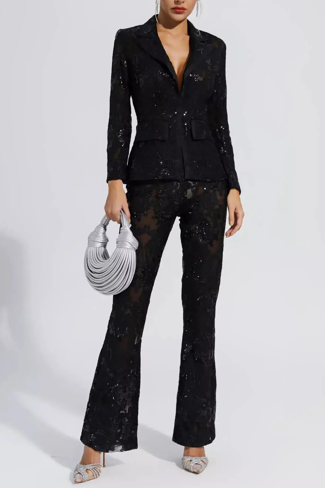 vicky Black Cutout floral embroidered Sequin Blazer Set Avalabel